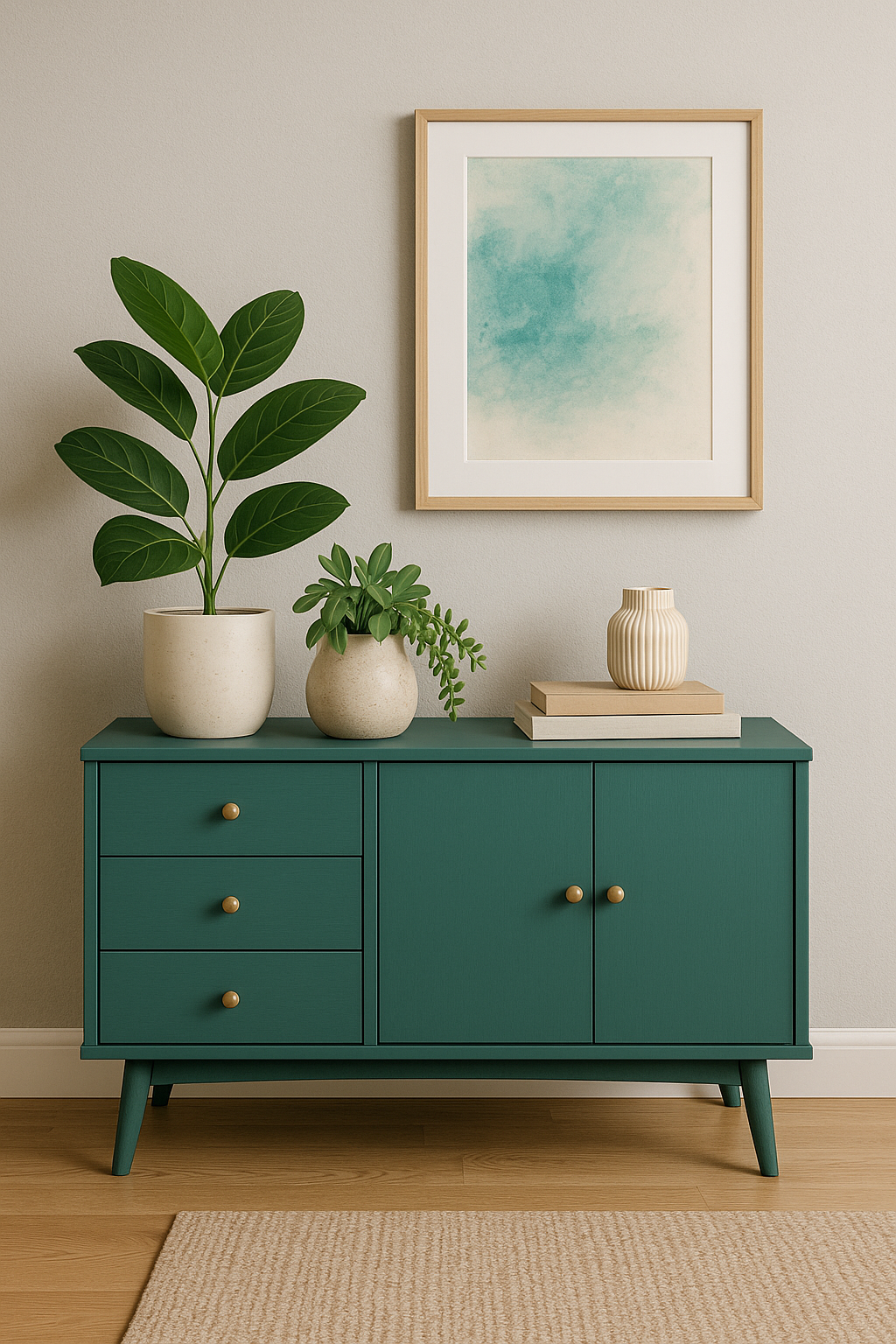 Modern teal console table with plants and artwork
